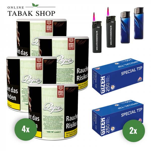 Pepe Bright Green Tabak (4x 80g), 500x Gizeh Special Hülsen, 2x Feuerzeuge, 2x Sturmfeuerzeuge