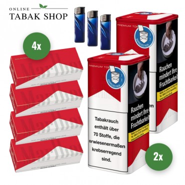 Marlboro Red Premium Tabak (2 x 155g) + 800 Marlboro Red Hülsen + 3 Feuerzeuge