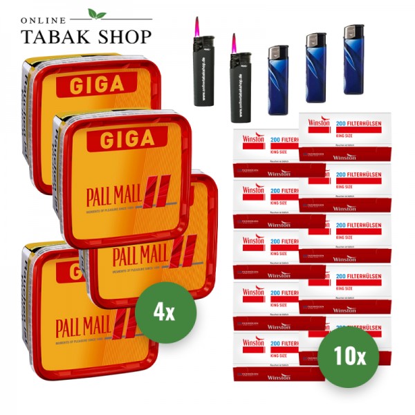 Pall Mall Allround Volumentabak Giga Box (4x 263g), 2000x Winston Hülsen, 2x Feuerzeuge, 2x Sturmfeuerzeuge