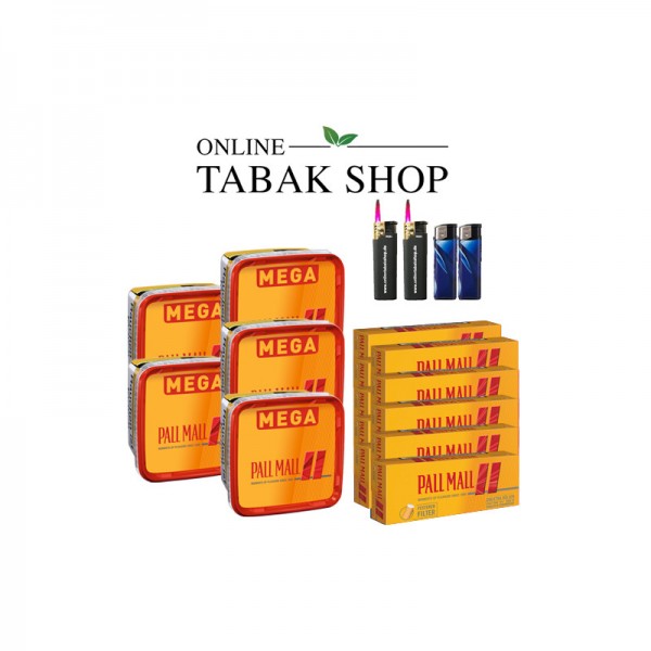 Pall Mall Allround Red Mega Box (5 x 125g) + 2 Feuerzeuge + 2 Sturmfeuerzeuge + 2.000 Hülsen