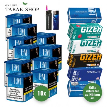 L&M Blau Tabak (10 x 39g) + 1.000 Hülsen (wählbar) + 1 Sturmfeuerzeug + 1 Feuerzeug