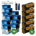 L&M Blau Tabak (10 x 39g) + 1.000 Hülsen (wählbar) + 1 Sturmfeuerzeug + 1 Feuerzeug