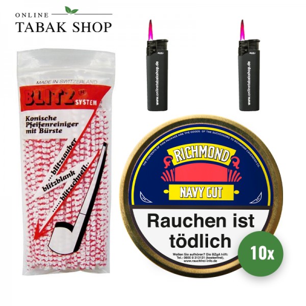 Richmond Navy Cut Pfeifentabak (10 x 50g) + 80 BLITZ Pfeifenreiniger + 2 Sturmfeuerzeuge