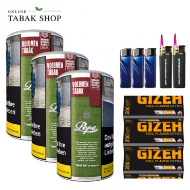 Pepe Rich Green Volumentabak Tabak (3 x 83g), 600 Gizeh Extra Flavor Hülsen, 2x Sturmfeuerzeuge, 3x Feuerzeuge