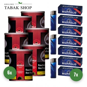 Buffalo Rot/Red Tabak Feinschnitt (6 x 140g) + 1.400 Buffalo Hülsen + 3 Feuerzeuge