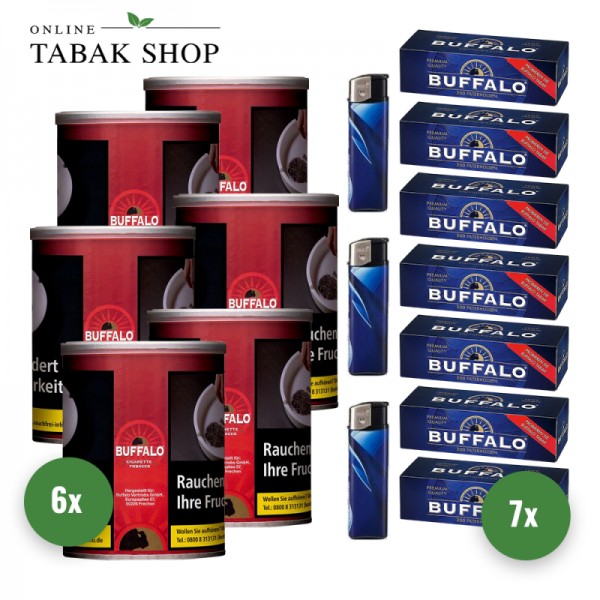 Buffalo Rot/Red Tabak Feinschnitt (6 x 140g) + 1.400 Buffalo Hülsen + 3 Feuerzeuge