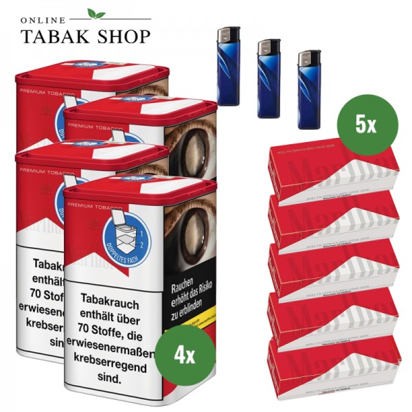 Marlboro Red Premium Tabak L (4 x 103g) + 1.000 Marlboro Red Hülsen + 3 Feuerzeuge