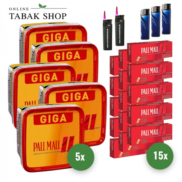 Pall Mall Red Giga Box Volumentabak (5 x 263g) + 3.000 Pall Mall Red Xtra Hülsen + 3 Feuerzeuge + 2 Sturmfeuerzeuge