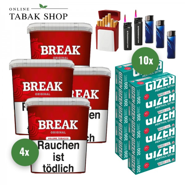 Break Original Tabak (4 x 195g) + 2.000 Gizeh Menthol Extra Hülsen + 3 Feuerzeuge + 2 Sturmfeuerzeuge + 1 Gizeh Etui