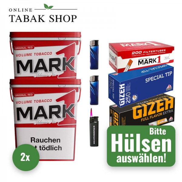 Mark 1 Tabak (2 x 320g) + 1.000 Hülsen (wählbar) + 2 Feuerzeuge + 1 Sturmfeuerzeug