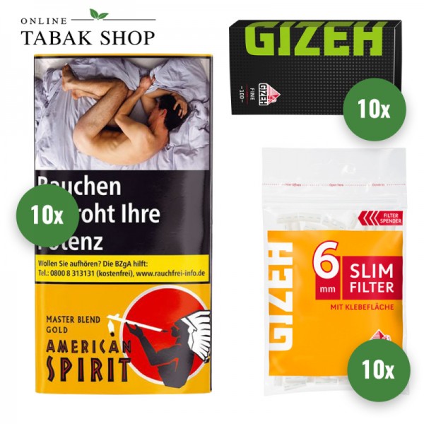 American Spirit Tabak (10 x 30g, wählbar!) + Gizeh Fine Green Blättchen (10 x 100er) + Gizeh 6mm Slim Filter Tips (10 x 120er)
