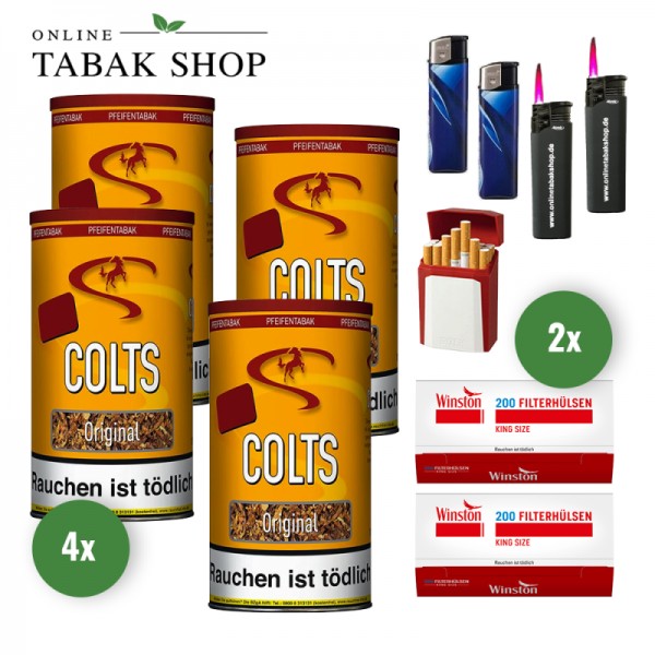 Colts Original Pfeifentabak (4 x 170g) + 400 Winston Hülsen + 2 Feuerzeuge + 2 Sturmfeuerzeuge + GIZEH Etui
