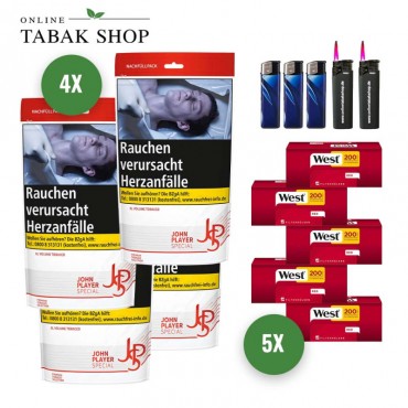 JPS Rot XL Volumentabak Mega Beutel (4 x 80g) + 1.000 West Hülsen + 3 Feuerzeuge + 2 Sturmfeuerzeuge