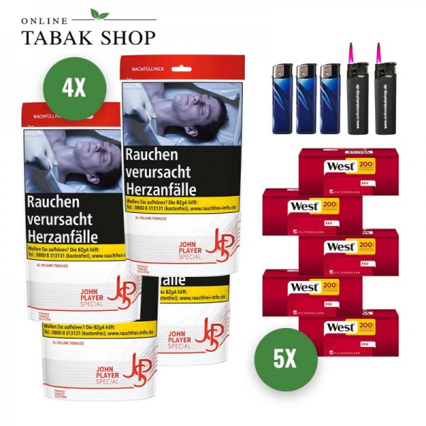 JPS Rot XL Volumentabak Mega Beutel (4 x 80g) + 1.000 West Hülsen + 3 Feuerzeuge + 2 Sturmfeuerzeuge