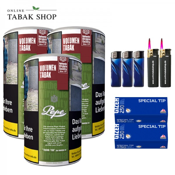 Pepe Rich Green Volumentabak Tabak (3 x 83g), 500 Gizeh Special Hülsen, 2x Sturmfeuerzeuge, 3x Feuerzeuge