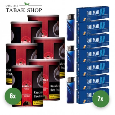 Buffalo Rot / Red Tabak Feinschnitt (6 x 140g) + 1.400 Pall Mall Blue Xtra Hülsen + 3 Feuerzeuge