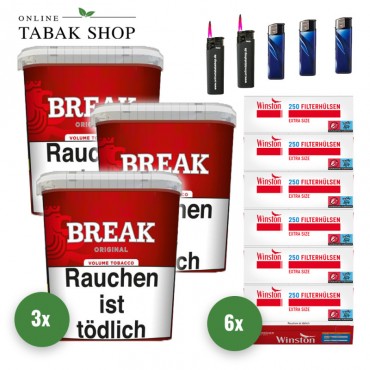 Break Original Volumentabak (3 x 195g) + 1.500 Winston Extra Hülsen + 3 Feuerzeuge + 2 Sturmfeuerzeuge