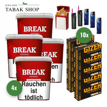 Break Original Volumentabak (4 x 195g) + 2.000 Gizeh Full Flavor Extra Hülsen + 3 Feuerzeuge + 2 Sturmfeuerzeuge + 1 Gizeh Etui