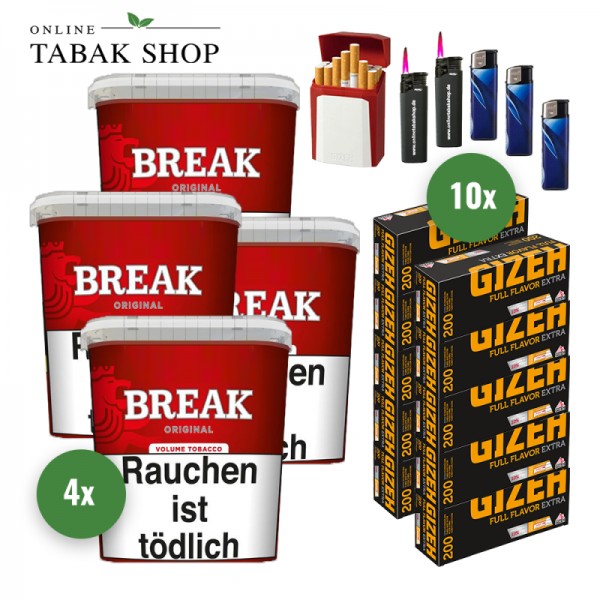 Break Original Volumentabak (4 x 195g) + 2.000 Gizeh Full Flavor Extra Hülsen + 3 Feuerzeuge + 2 Sturmfeuerzeuge + 1 Gizeh Etui