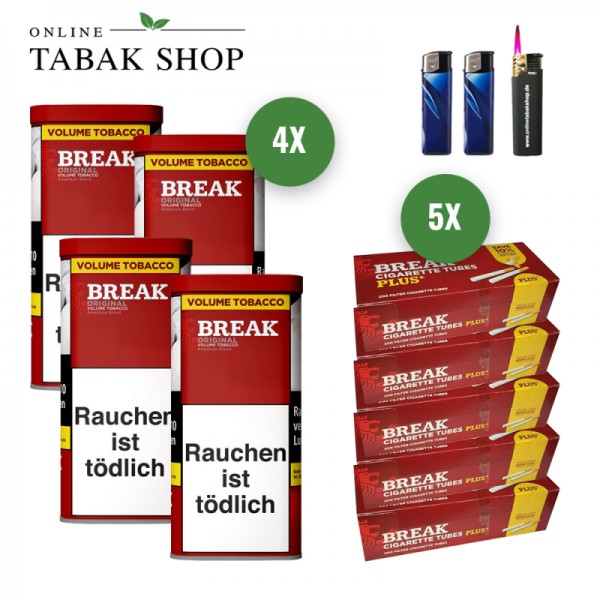 BREAK Original Tabak (4 x 85g) + 1.000 BREAK "Plus" Hülsen + 1 Sturmfeuerzeug + 2 Feuerzeuge