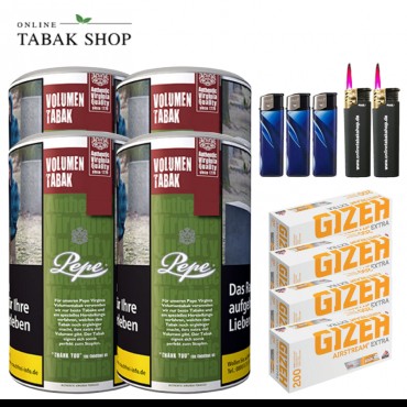 Pepe Rich Green Tabak (4 x 83g) + 800 Gizeh Airstream Extra Hülsen + 3 Feuerzeuge + 2 Sturmfeuerzeuge