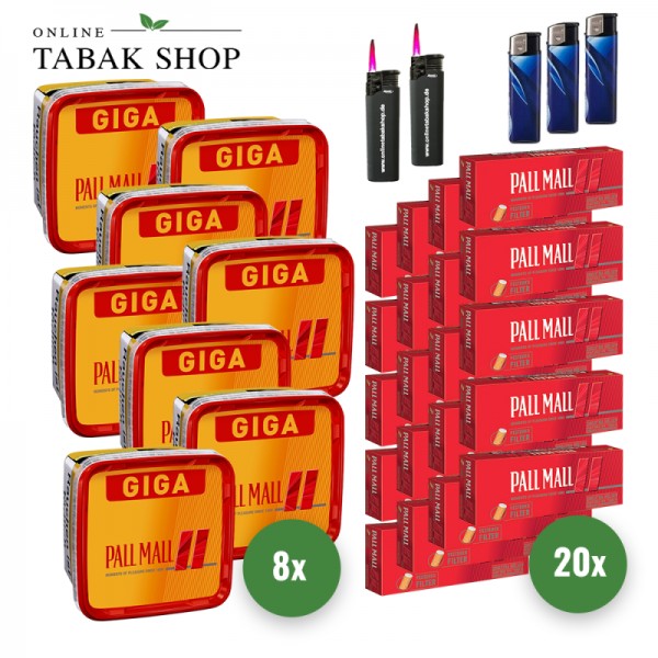 Pall Mall Volumentabak (8x 263g), 4.000 Pall Mall Red Xtra Hülsen, 3 Feuerzeuge, 2 Sturmfeuerzeuge