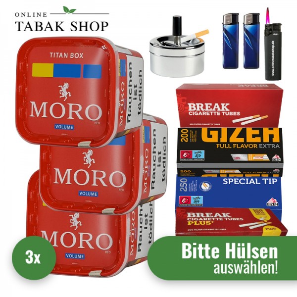 Moro Tabak Titan Box (3 x 325g) + 2.000  Hülsen + 1 Sturmfeuerzeug + 2 Feuerzeuge + 1 Drehascher 9cm