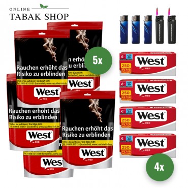 West Red Volumen Tabak (5 x 100g) + 1.000 West Red Extra Hülsen + 3 Feuerzeuge + 2 Sturmfeuerzeuge