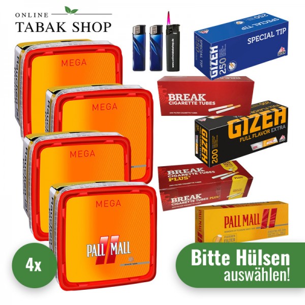 Pall Mall Allround Tabak Mega (4 x 125g) + 1.000 Hülsen (wählbar) + 1 Sturmfeuerzeug + 2 Feuerzeuge
