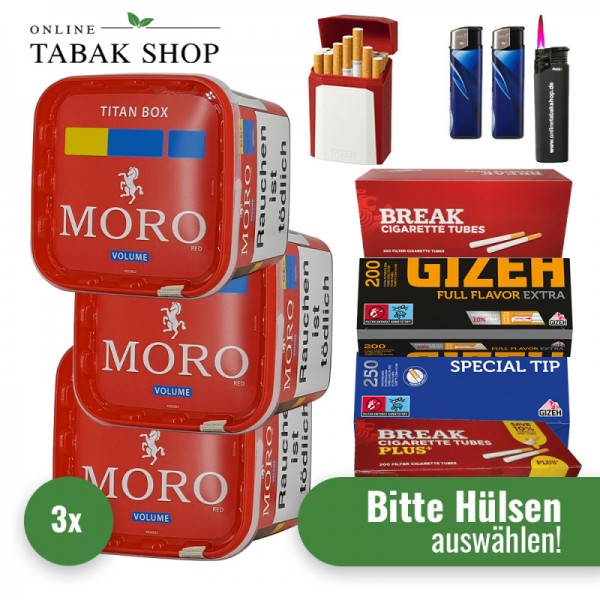 Moro Tabak Titan Box (3 x 325g) + 2.000 Hülsen + 1 Sturmfeuerzeug + 2 Feuerzeuge + 1 Gizeh Etui