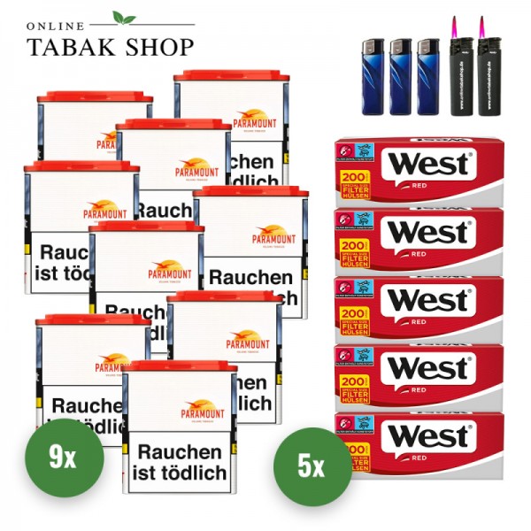 Paramount (9 x 40g) + 1.000 West Hülsen (wählbar) + 2 Sturmfeuerzeuge + 3 Feuerzeuge