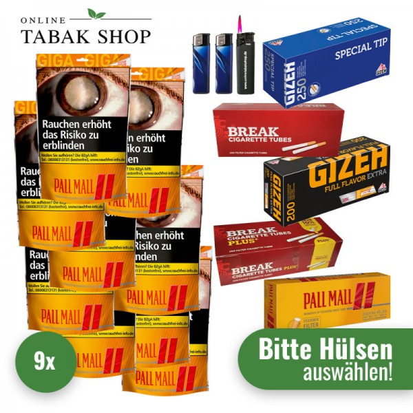 Pall Mall Allround Red Tabak Giga (9 x 104g) + 2.000 Hülsen (wählbar) + 1 Sturmfeuerzeug + 2 Feuerzeuge