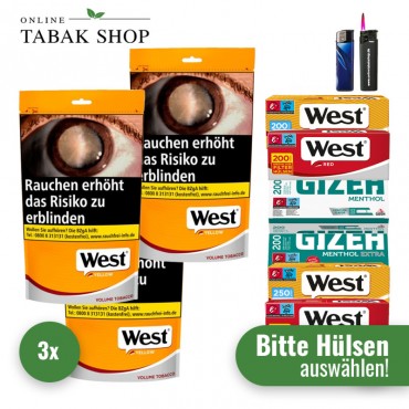West Yellow Volumen Tabak (3 x 155g) + 1.000 Hülsen + 1 Feuerzeug + 1 Sturmfeuerzeug