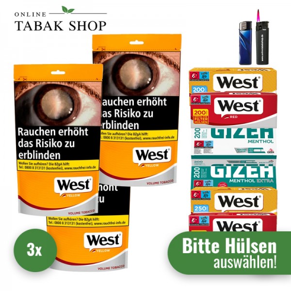 West Yellow Volumen Tabak (3 x 155g) + 1.000 Hülsen + 1 Feuerzeug + 1 Sturmfeuerzeug