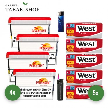PARAMOUNT Tabak Megabox (4 x 125g) + 1.000 Hülsen + 1 Feuerzeug + 1 Sturmfeuerzeug