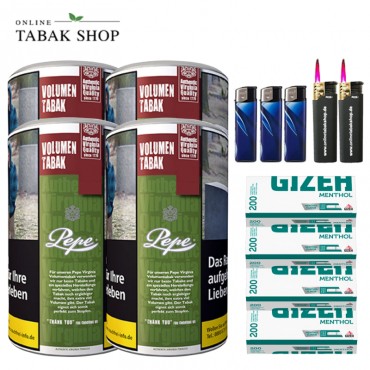 Pepe Rich Green Volumentabak Tabak (4 x 83g) + 800 Gizeh Menthol Hülsen + 3 Feuerzeuge + 2 Sturmfeuerzeuge