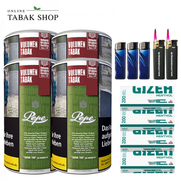 Pepe Rich Green Volumentabak Tabak (4 x 83g) + 800 Gizeh Menthol Hülsen + 3 Feuerzeuge + 2 Sturmfeuerzeuge