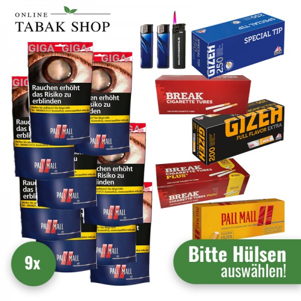 Pall Mall Red Tabak Giga (9 x 104g) + 2.000 Hülsen (wählbar) + 1 Sturmfeuerzeug + 2 Feuerzeuge