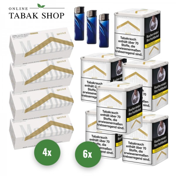 Marlboro Gold Premium Tabak (6 x 70g) + 1.000 Marlboro Gold Extra Hülsen + 3 Feuerzeuge