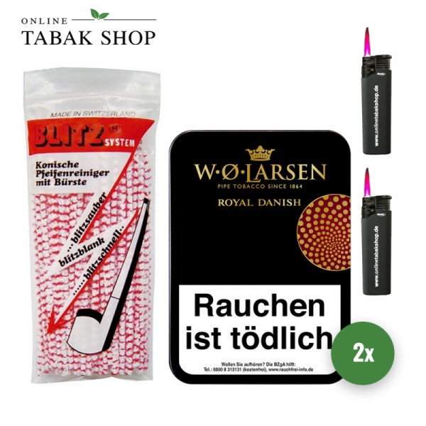 W.O Larsen Royal Danish (2 x 100g) + 80 Blitz Pfeifenreiniger + 2 Sturmfeuerzeuge