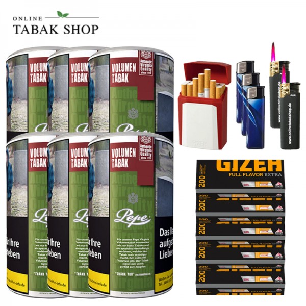 Pepe Rich Green Volumentabak (6x 83g) + 1000 Gizeh Flavor Extra Hülsen, 1x Etui, 3x Feuerzeuge, 2x Sturmfeuerzeugebak