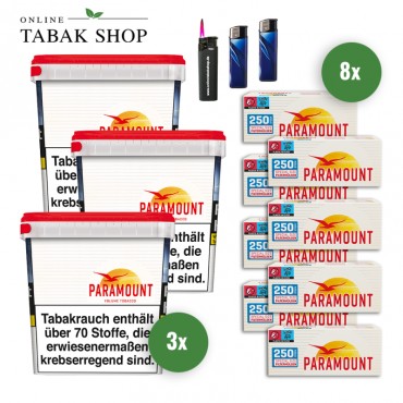 Paramount Tabak Gigabox (3 x 230g) + 2.000 Hülsen + 2 Feuerzeuge + 1 Sturmfeuerzeug