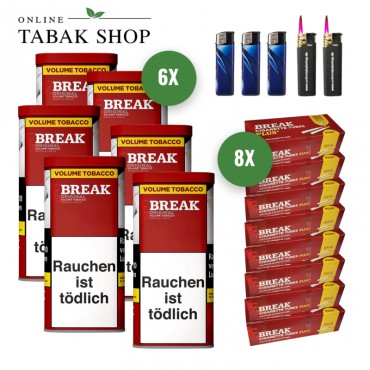 BREAK Original Tabak (6 x 85g) + 1.600 BREAK "Plus" Hülsen + 2 Sturmfeuerzeuge + 3 Feuerzeuge