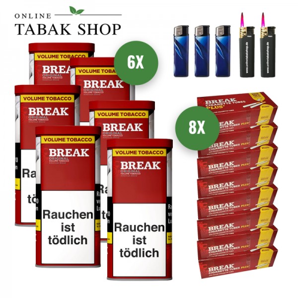 BREAK Original Tabak (6 x 85g) + 1.600 BREAK "Plus" Hülsen + 2 Sturmfeuerzeuge + 3 Feuerzeuge