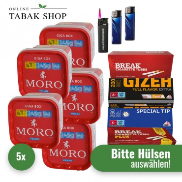 Moro Tabak (5 x 245g) + 3.000 Hülsen (wählbar) + 2 Feuerzeuge + 1 Sturmfeuerzeug