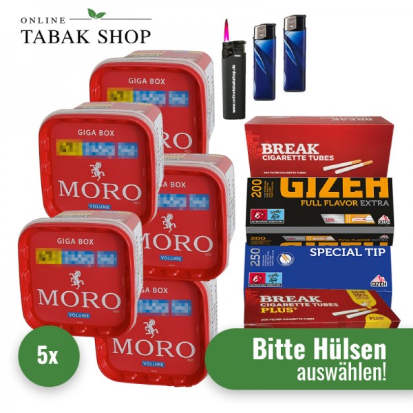 Moro Tabak (5 x 245g) + 3.000 Hülsen (wählbar) + 2 Feuerzeuge + 1 Sturmfeuerzeug