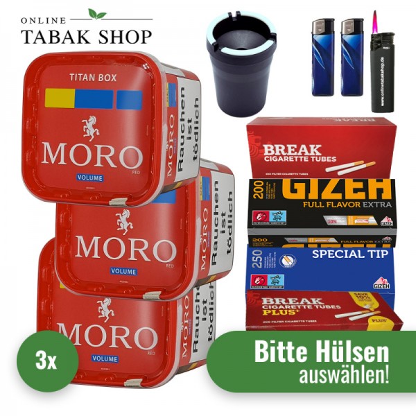 Moro Tabak Titan Box (3 x 325g) + 2.000  Hülsen + 1 Sturmfeuerzeug + 2 Feuerzeuge + 1 KFZ-Aschenbecher