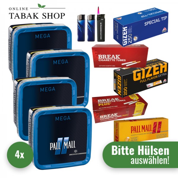 Pall Mall Blue Tabak Mega (4 x 125g) + 1.000 Hülsen (wählbar) + 1 Sturmfeuerzeug + 2 Feuerzeuge