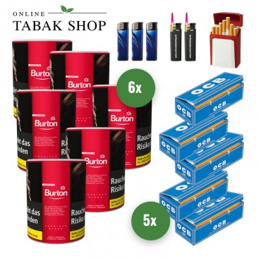 Burton Red Zigaretten Tabak (6 x 120g) + 1.000 OCB (Blau) Hülsen + 3 Feuerzeuge + 2 Sturmfeuerzeuge +1 GIZEH Etui