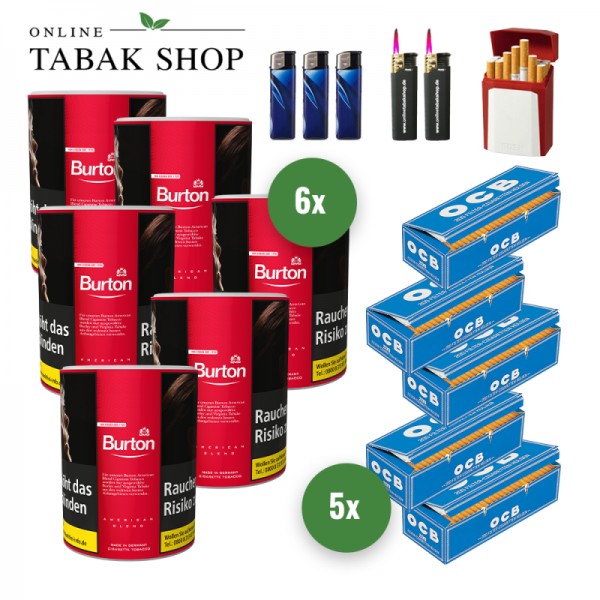 Burton Red Zigaretten Tabak (6 x 120g) + 1.000 OCB (Blau) Hülsen + 3 Feuerzeuge + 2 Sturmfeuerzeuge +1 GIZEH Etui